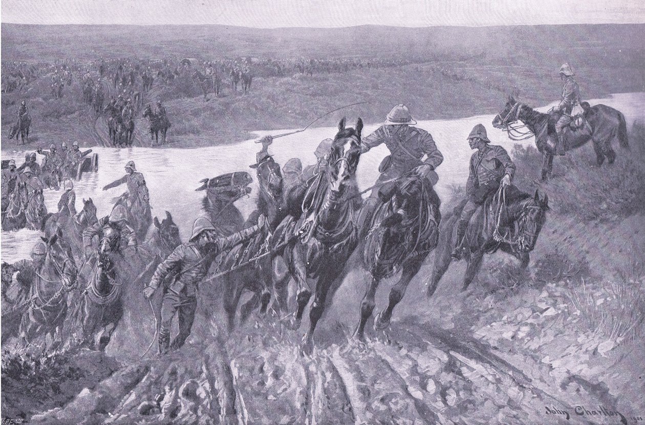 Artilleri som forser kaledonen ved Karreepoort Drift, illustrasjon fra After Pretoria: The Guerilla War, 1902 av John Charlton