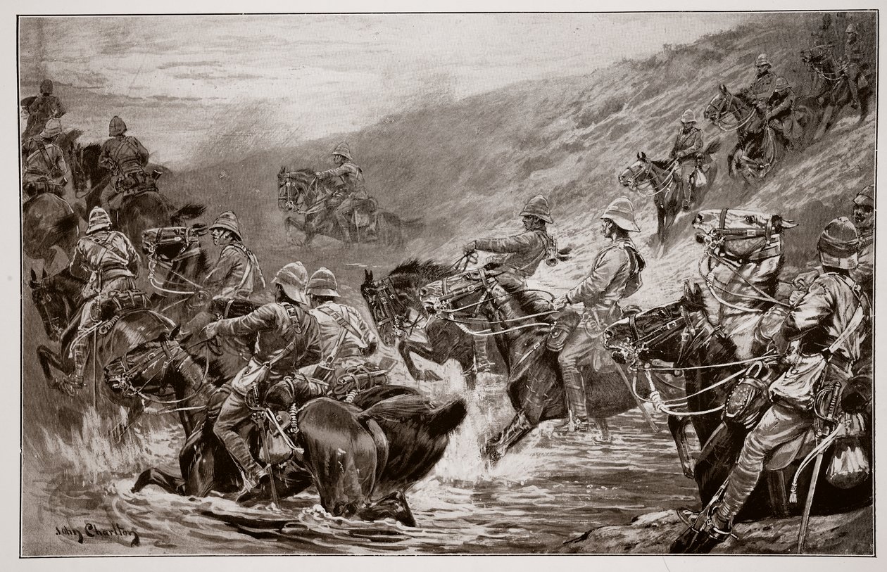 The Dash for Kimberley - The 10th Hussars Crossing Klip Drift, etter en skisse av G.D. Giles (fl.1890) av John Charlton