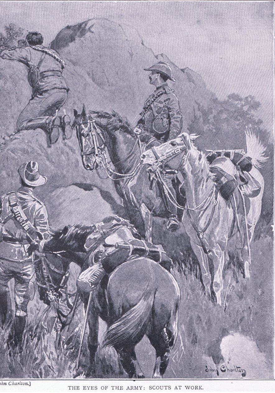 Hærens øyne, speidere på jobb, fra After Pretoria: The Guerilla War utgitt av Harmsworth Bros Limited, 1901 av John Charlton