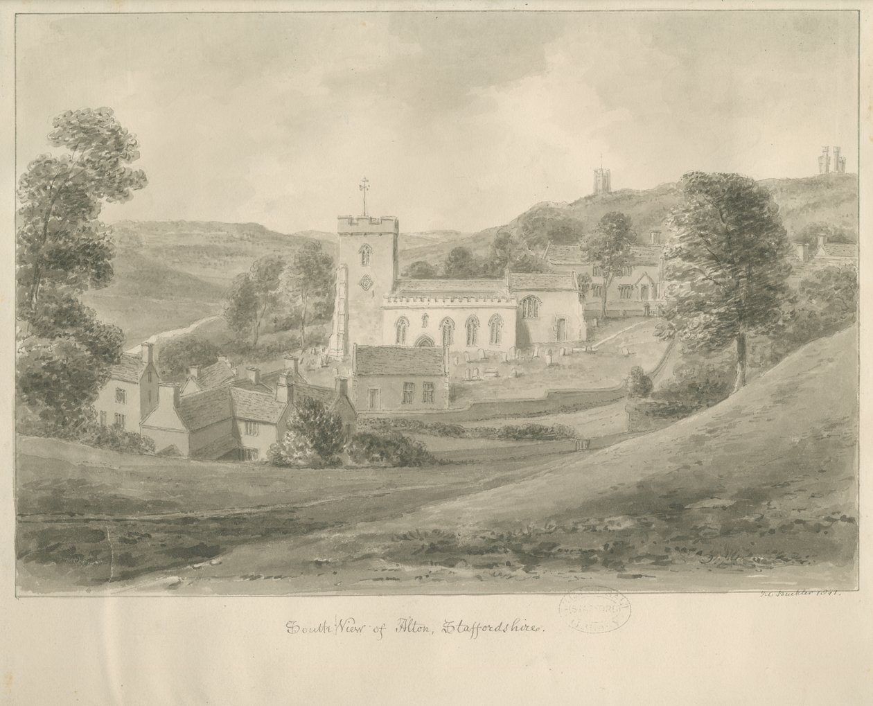 Alton - Kirke og hus: sepia-tegning av John Chessell Buckler