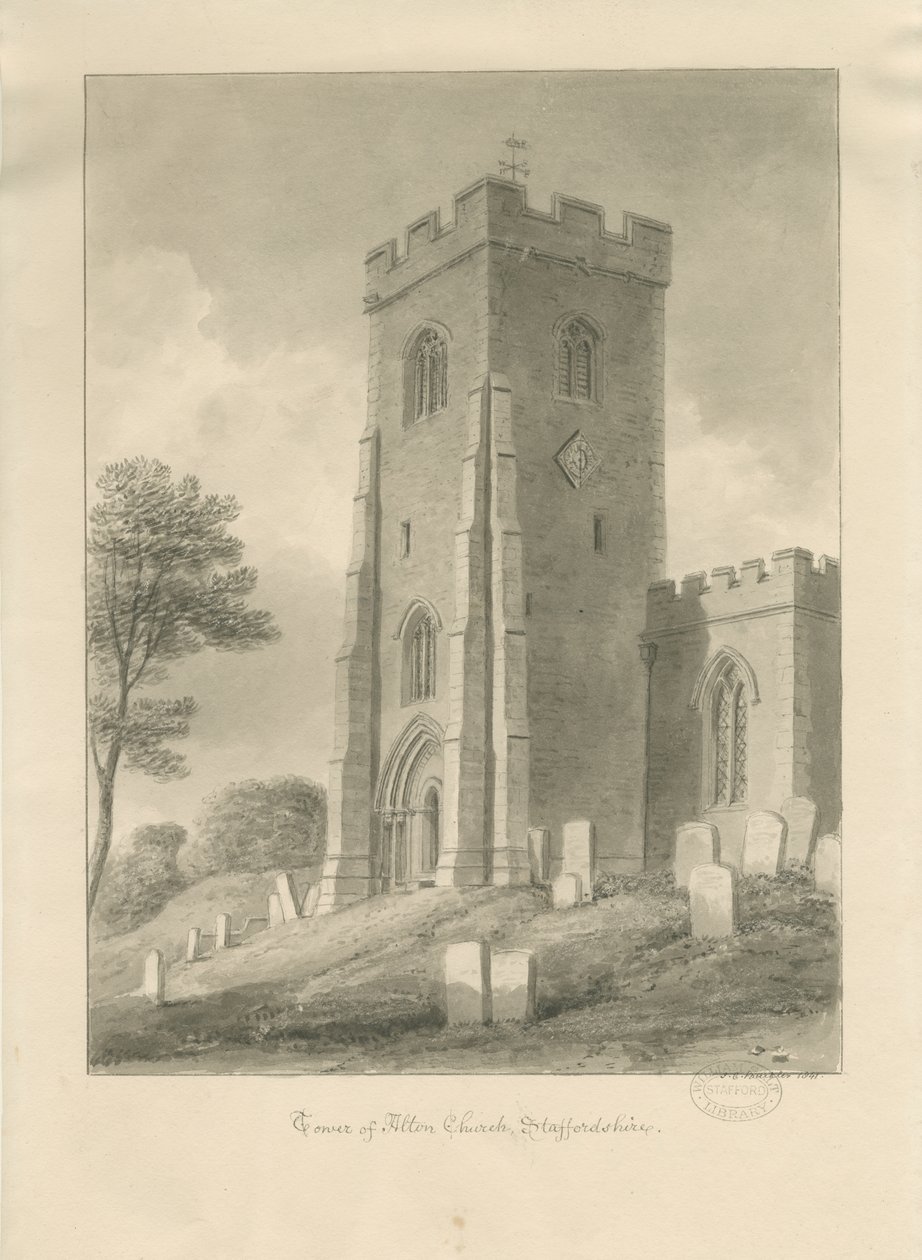 Alton Church - Tower: sepia-tegning, 1841 av John Chessell Buckler