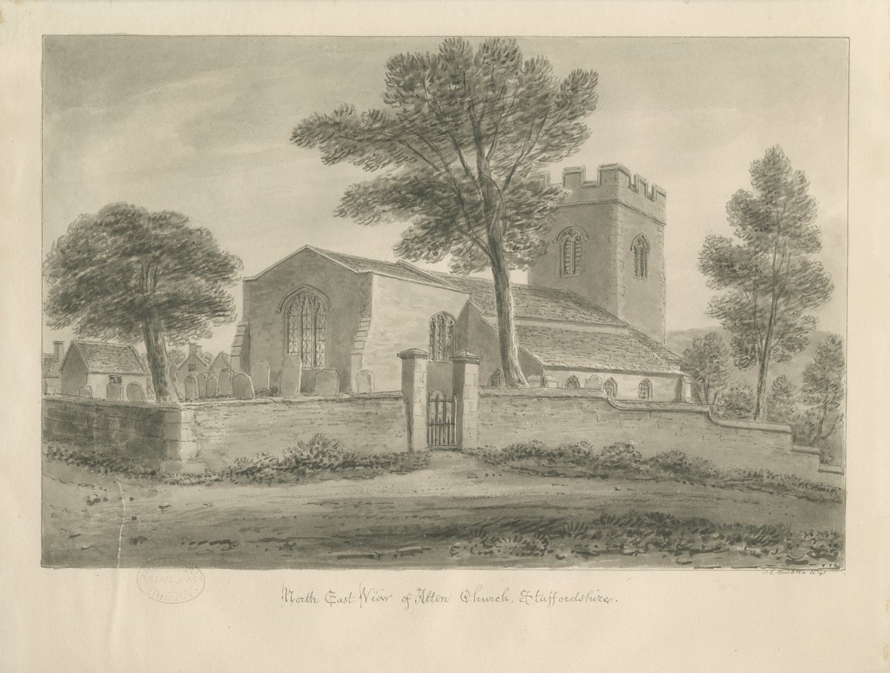 Alton Church: sepia-tegning, 1841 av John Chessell Buckler