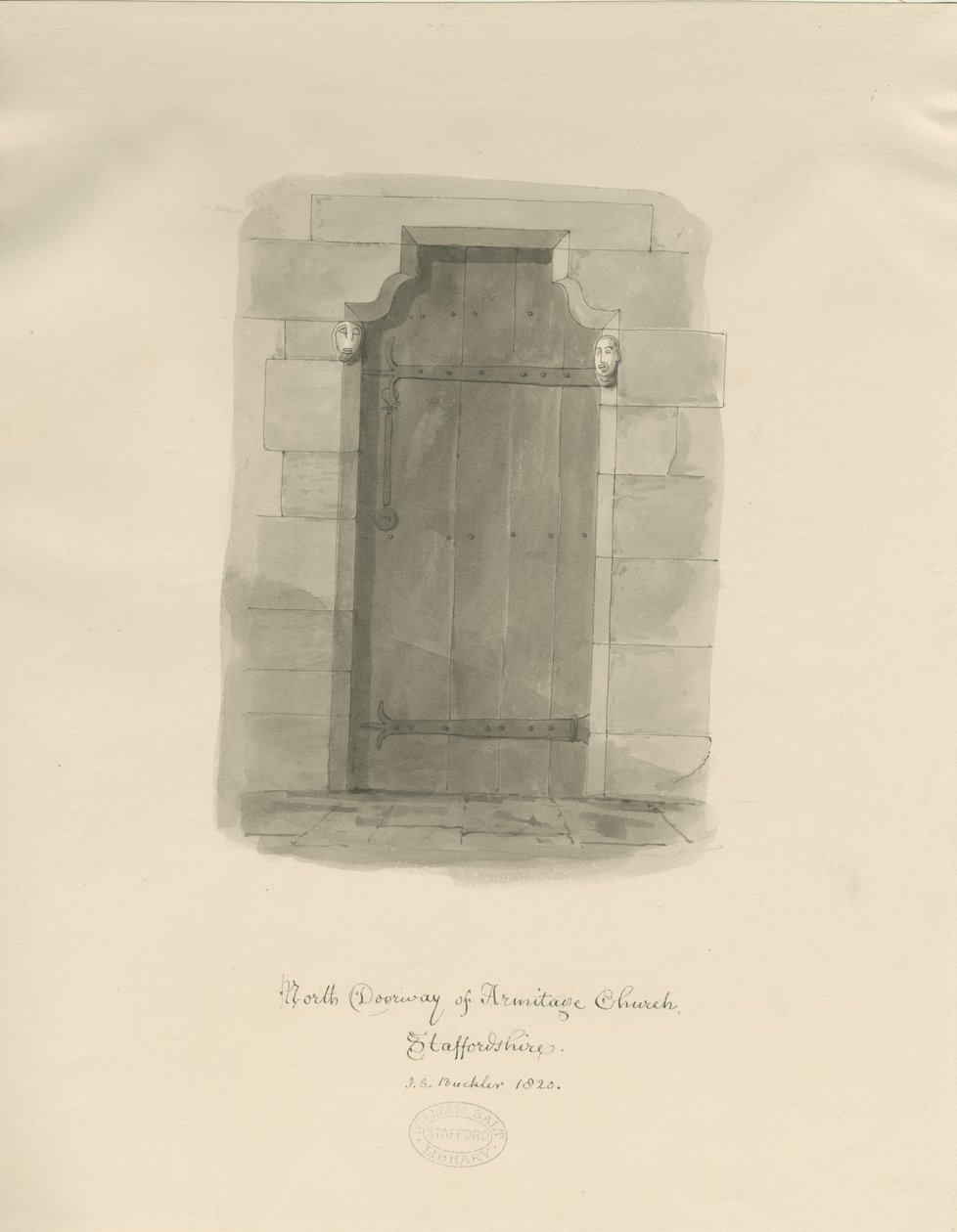 Armitage Church - North Doorway: sepia-tegning av John Chessell Buckler