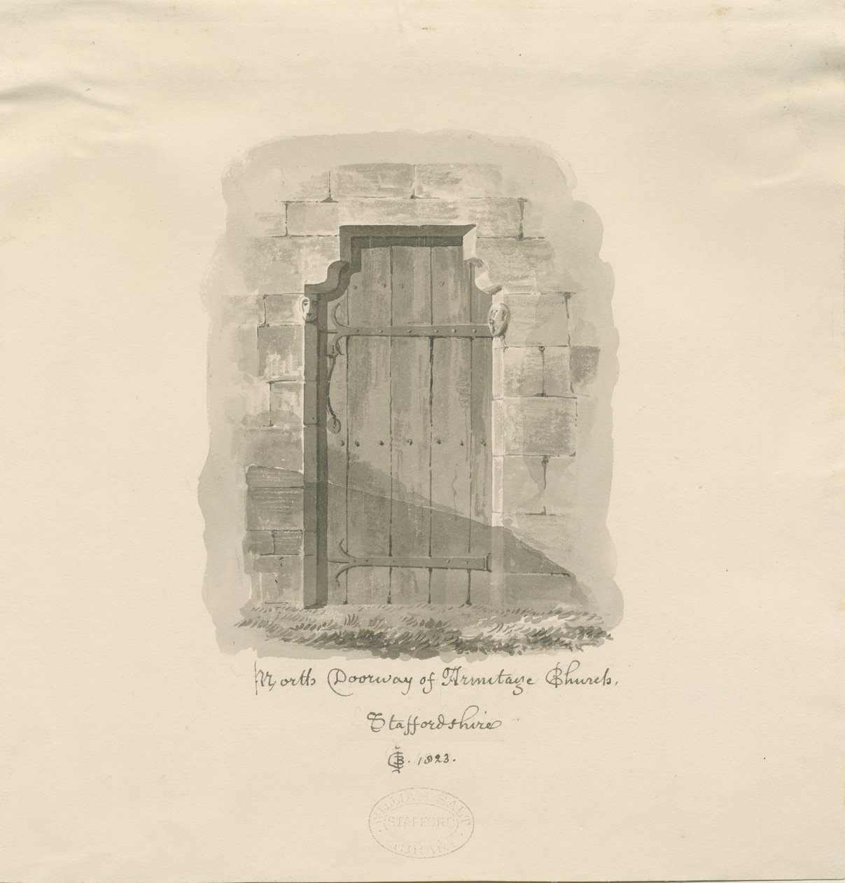 Armitage Church - North Doorway: sepia-tegning, 1823 av John Chessell Buckler