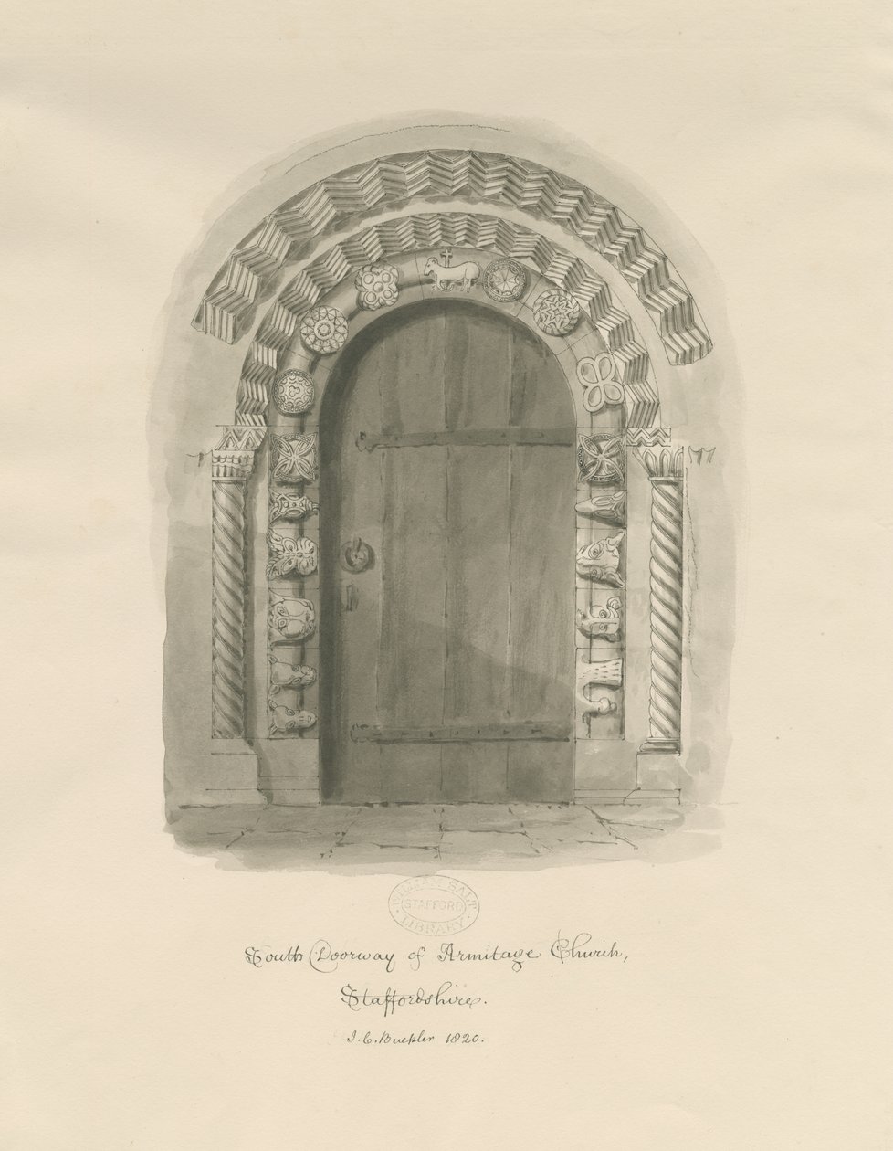 Armitage Church - South Doorway: sepia-tegning av John Chessell Buckler