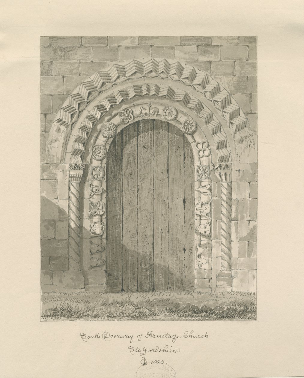 Armitage Church - South Doorway: sepia-tegning, 1823 av John Chessell Buckler