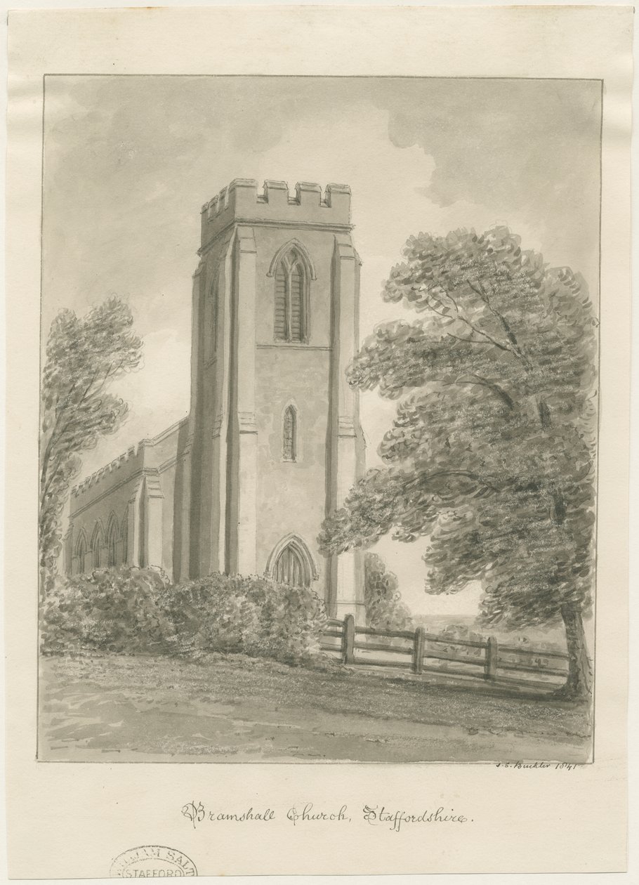 Bramshall kirke: sepia tegning av John Chessell Buckler
