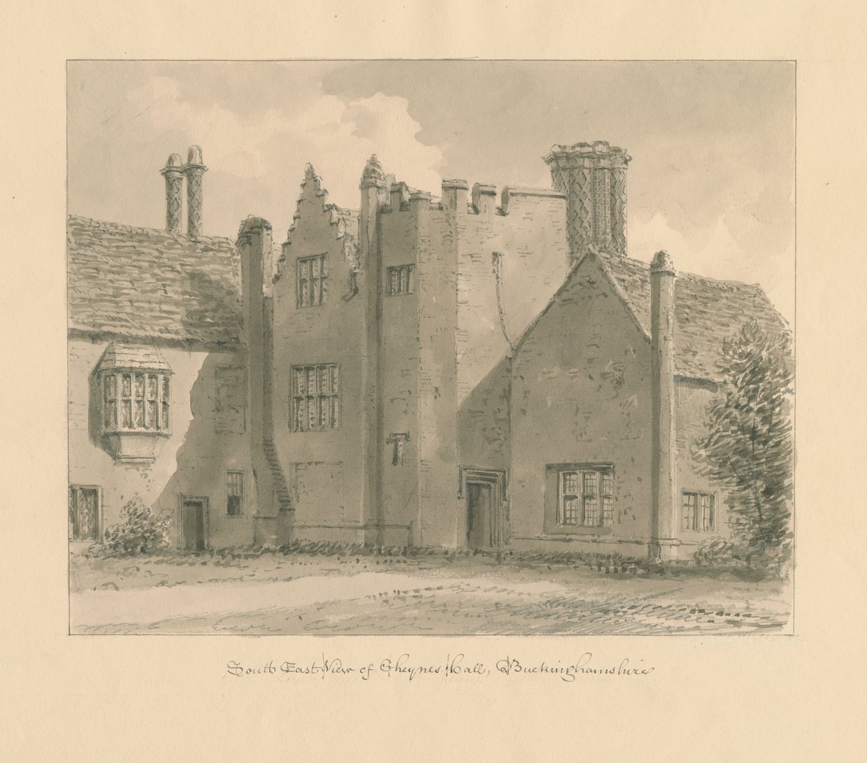 Buckinghamshire - Chenies Hall: sepia-tegning, 1824 av John Chessell Buckler
