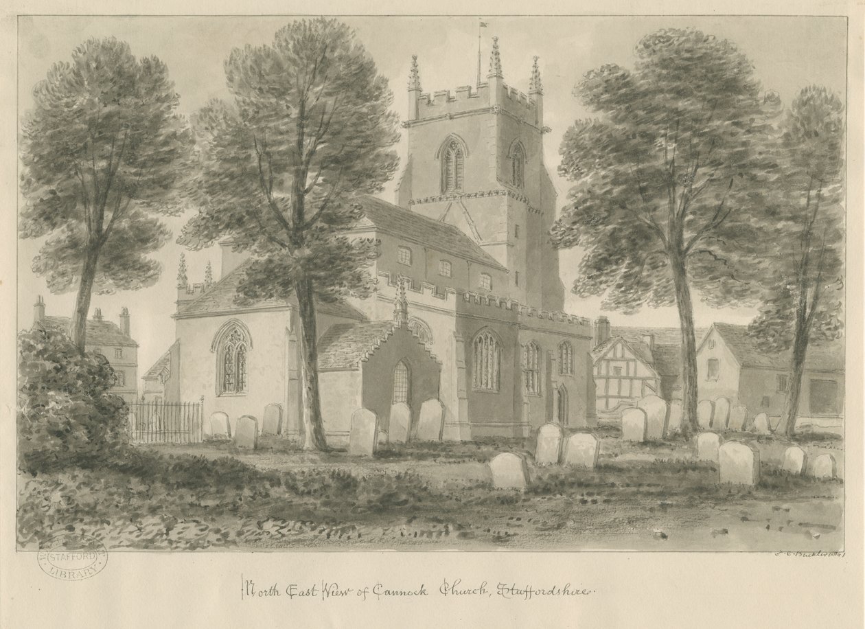Cannock kirke: sepia tegning av John Chessell Buckler