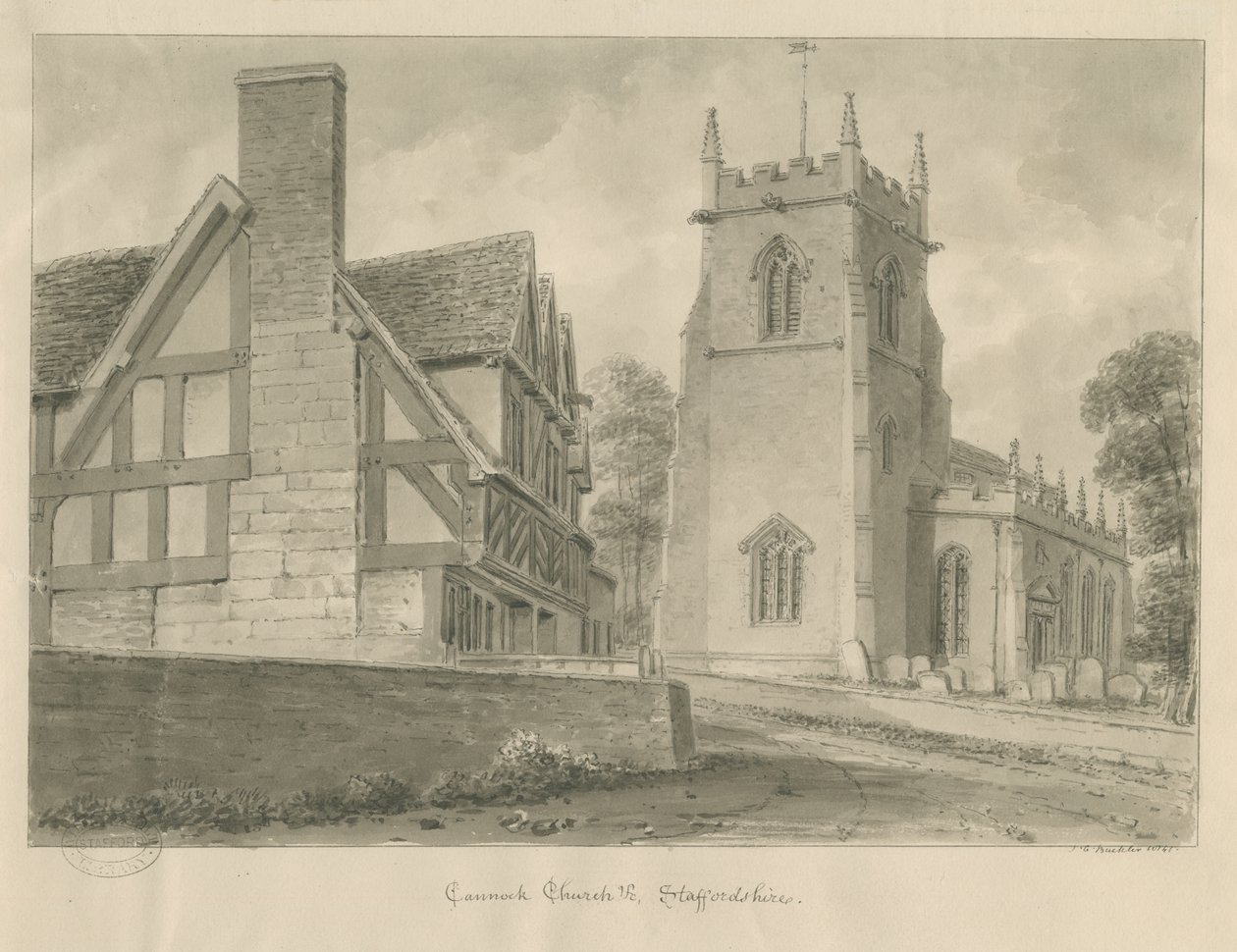 Cannock Church: sepia-tegning, 1841 av John Chessell Buckler
