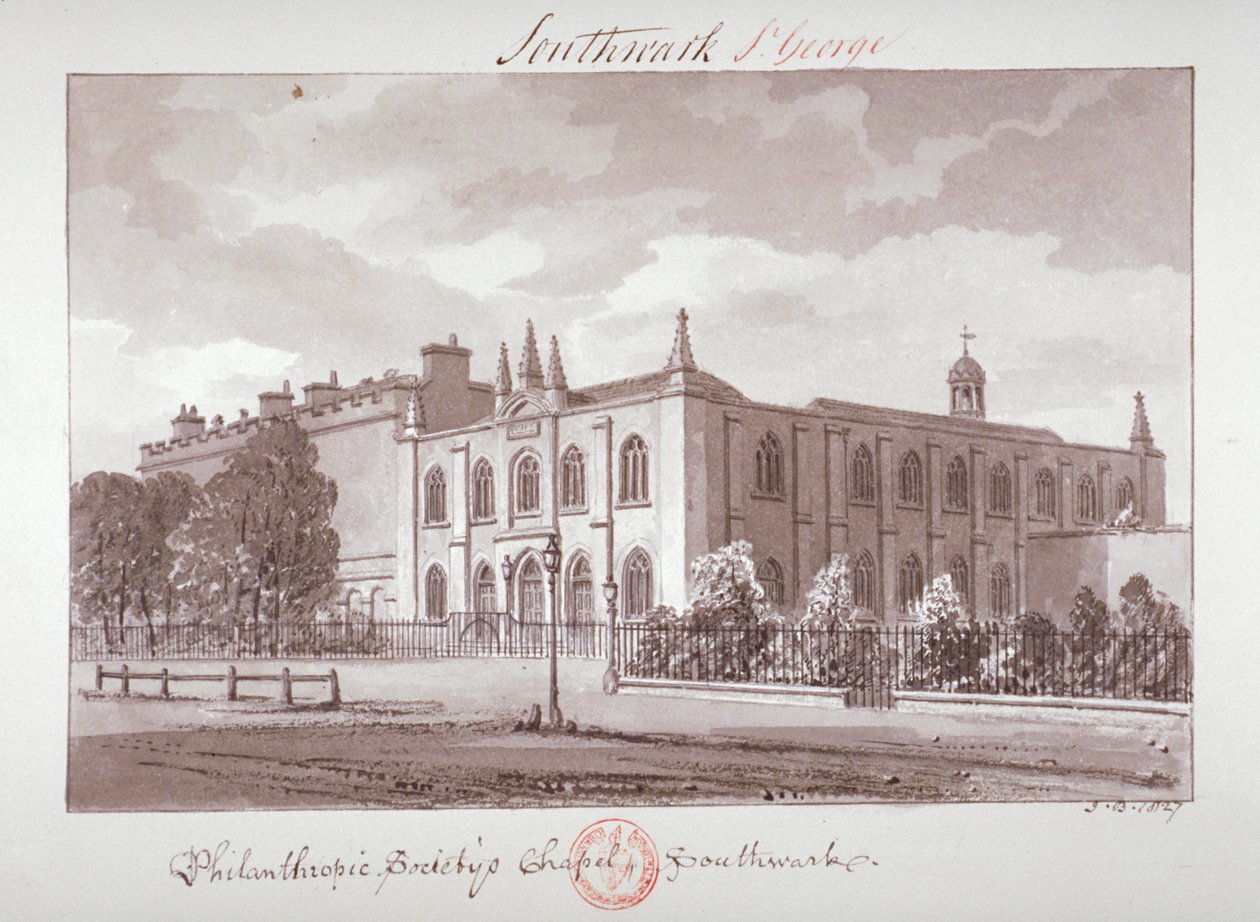 Kapell som tilhører Philanthropic Society Institution, London Road, Southwark, London, 1827 av John Chessell Buckler