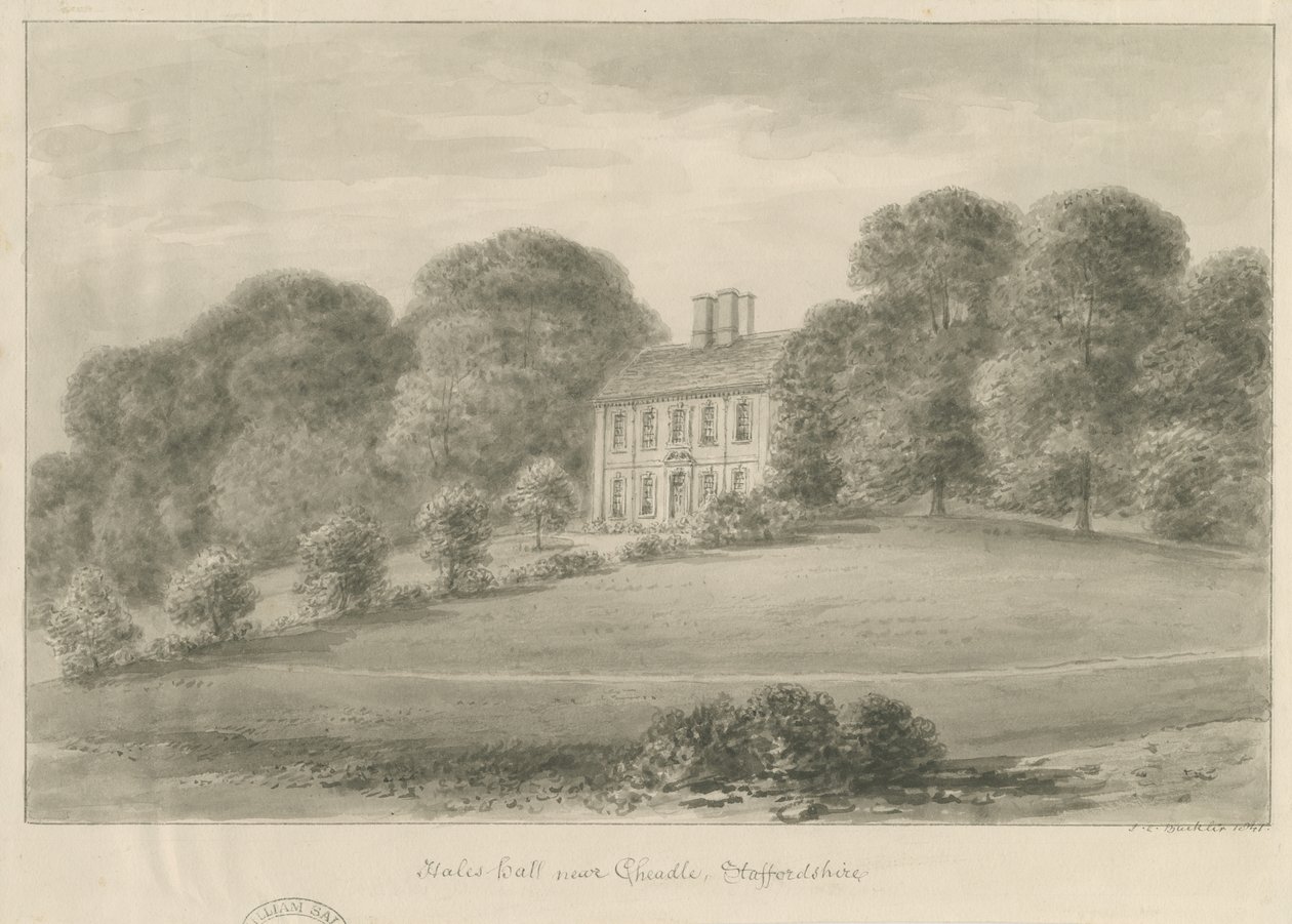 Cheadle - Hales Hall: sepia vasketegning, 1841 av John Chessell Buckler