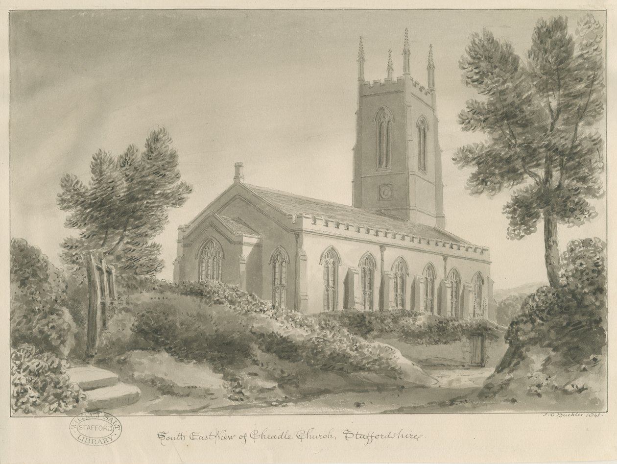 Cheadle Church: sepia-tegning av John Chessell Buckler