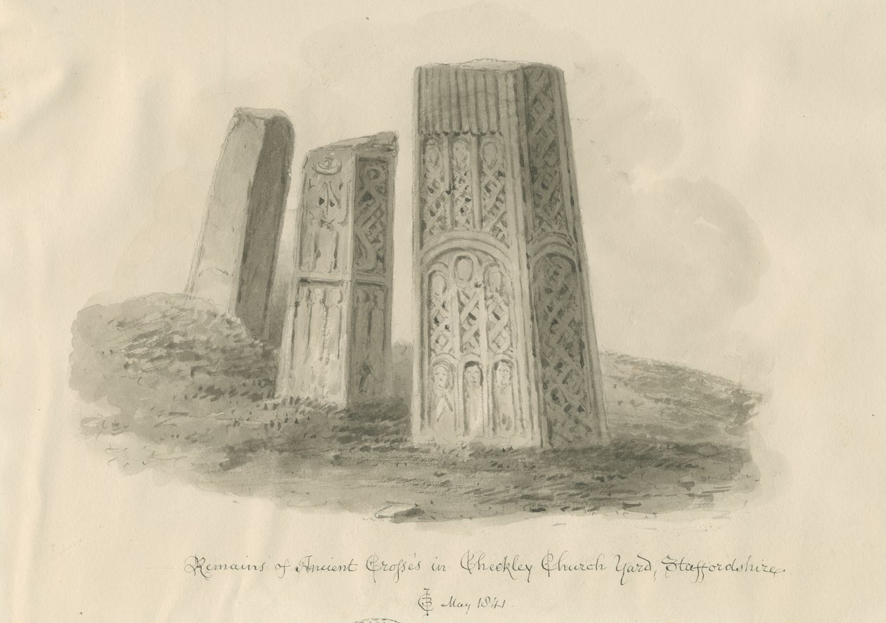 Checkley Church - Ancient Crosses: sepia-tegning av John Chessell Buckler