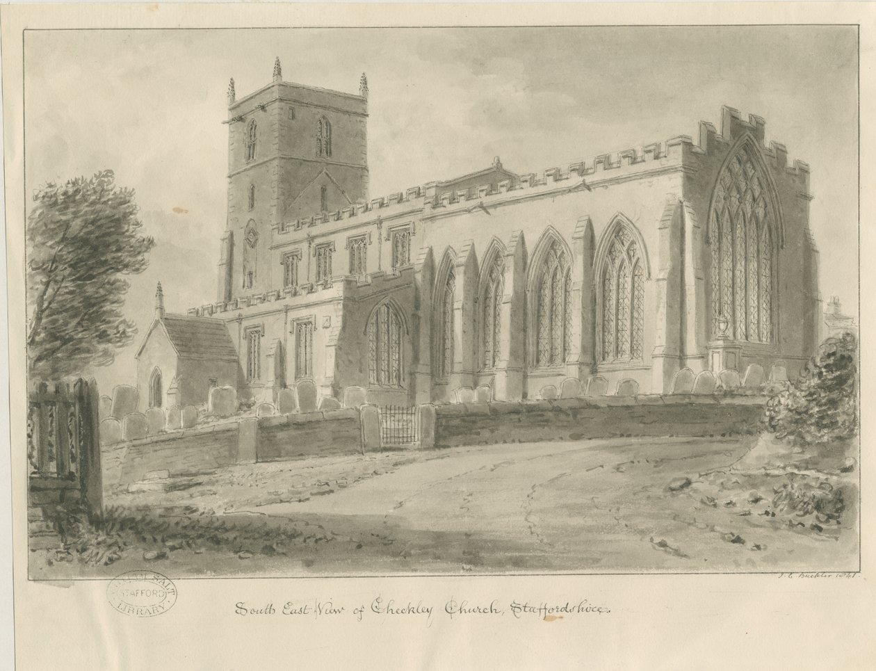 Checkley Church: sepia-tegning av John Chessell Buckler