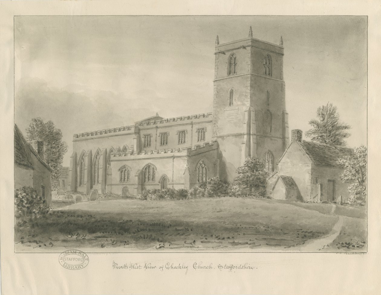 Checkley Church: sepia-tegning av John Chessell Buckler