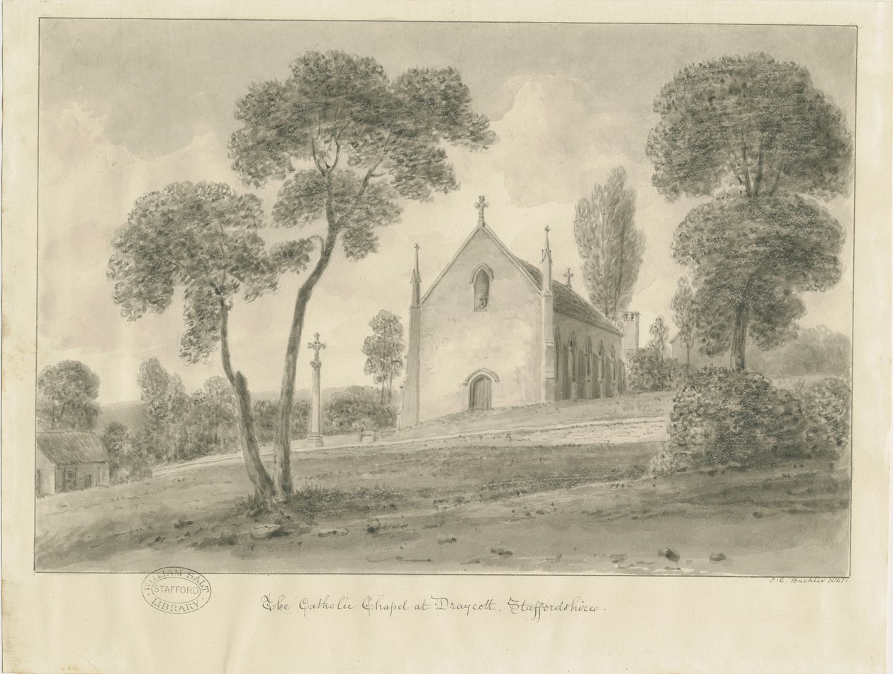 Cresswell - Draycott-in-the-Moors katolske kapell: sepia-tegning, 1841 av John Chessell Buckler