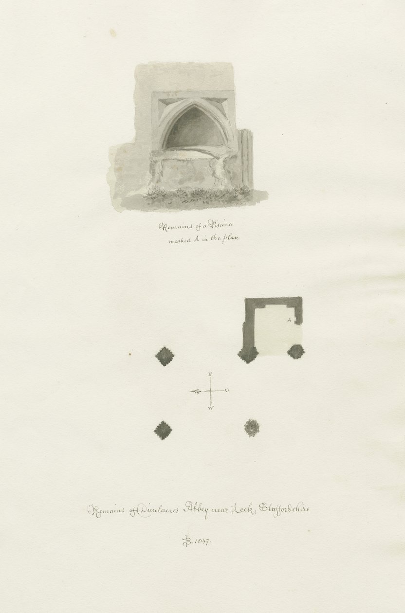 Dieulacres Abbey: sepia-tegning av John Chessell Buckler