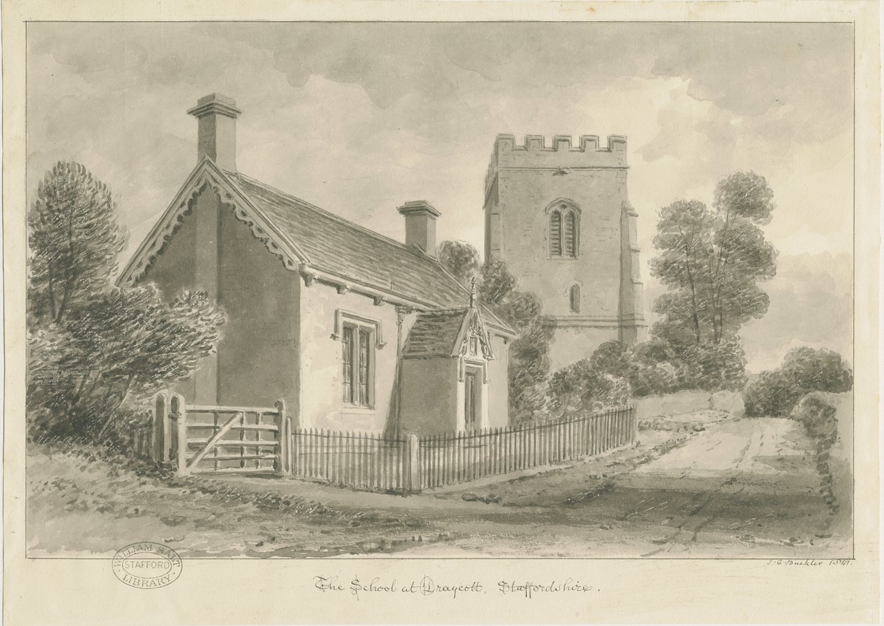 Draycott in the Moors - School: sepia-tegning, 1841 av John Chessell Buckler