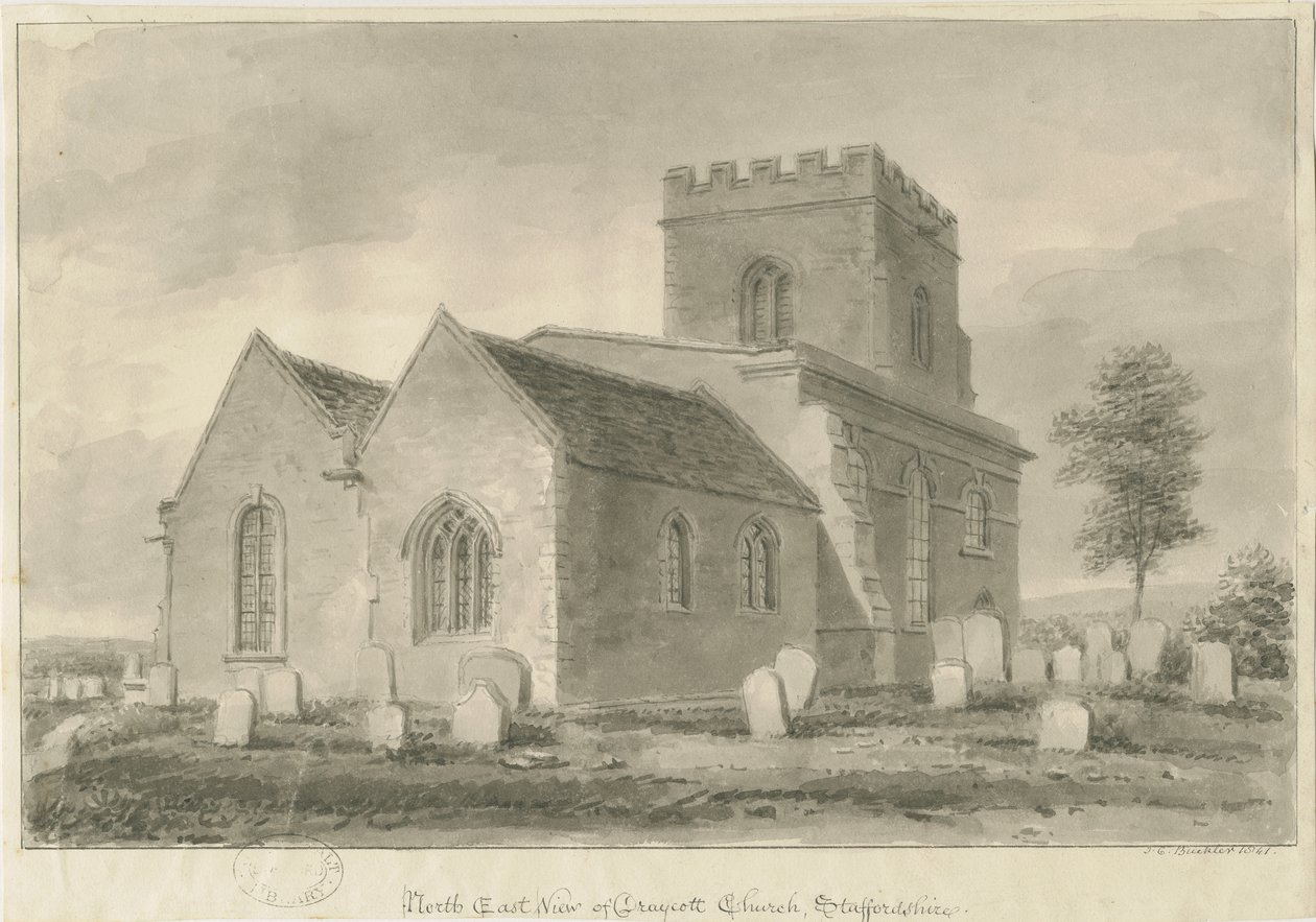 Draycott in the Moors Church: sepia-tegning, 1841 av John Chessell Buckler