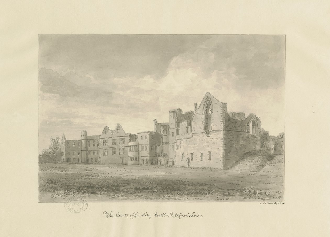 Dudley Castle - Court Yard: sepia-tegning, 1820 av John Chessell Buckler
