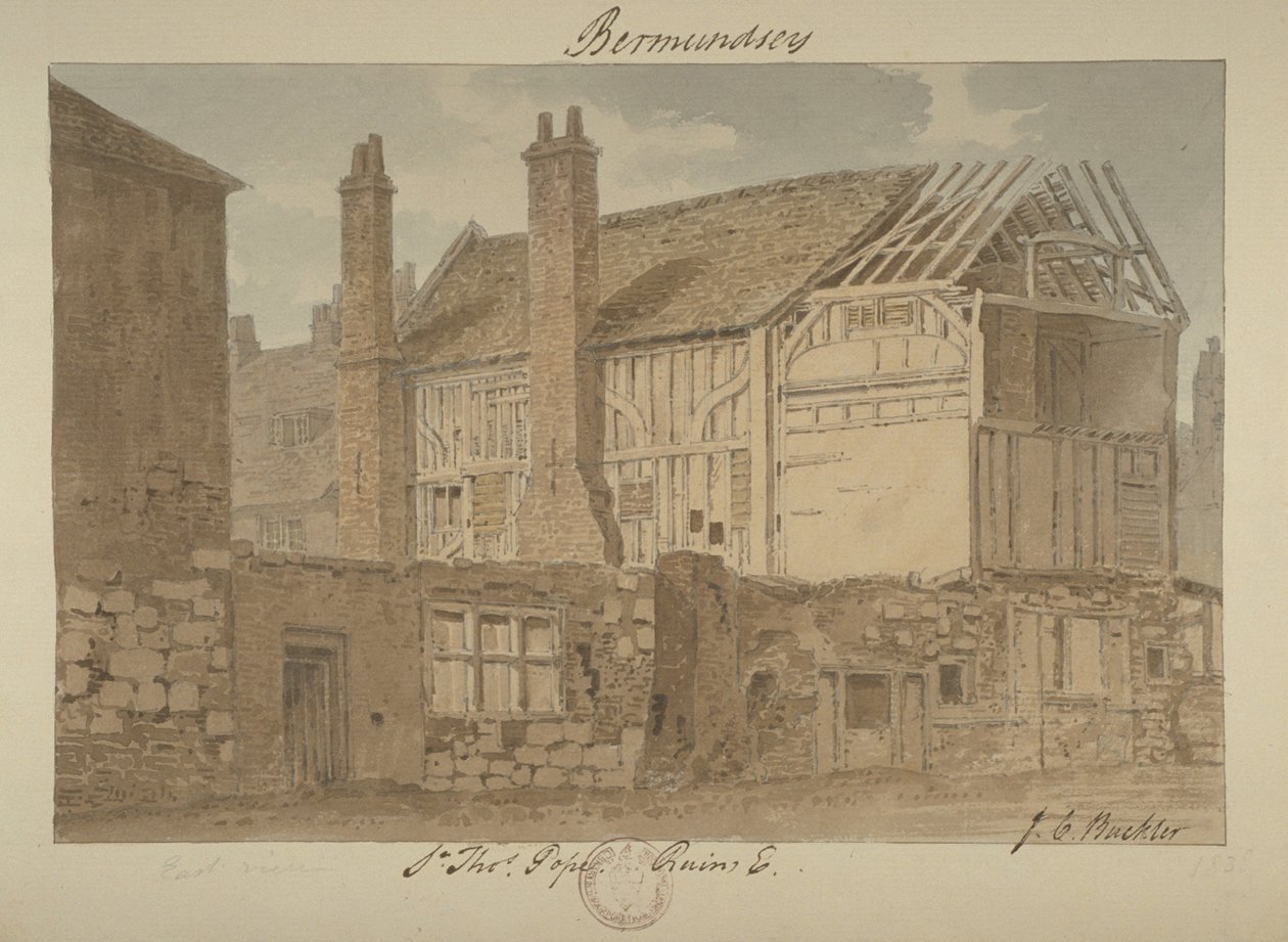 Østutsikt over ruinene av Bermondsey House, 1838 av John Chessell Buckler