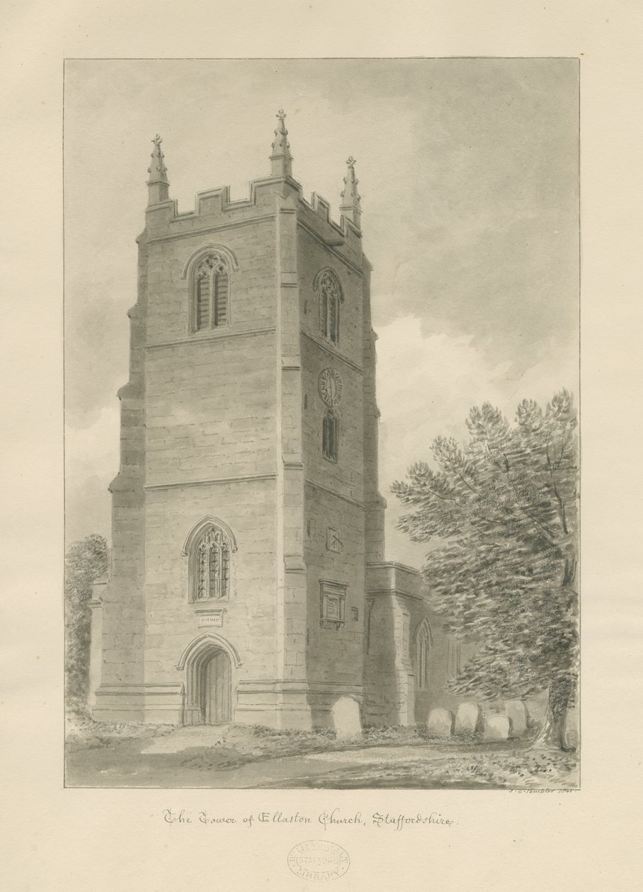 Ellastone Church: sepia tegning av John Chessell Buckler