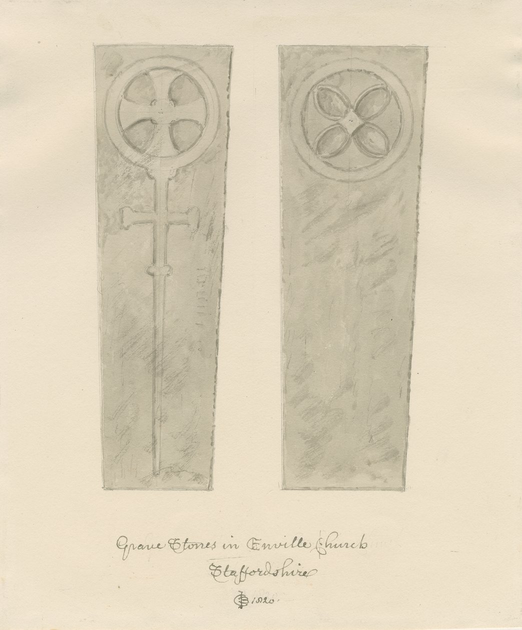 Enville kirke - Gravsteiner: sepia tegning av John Chessell Buckler