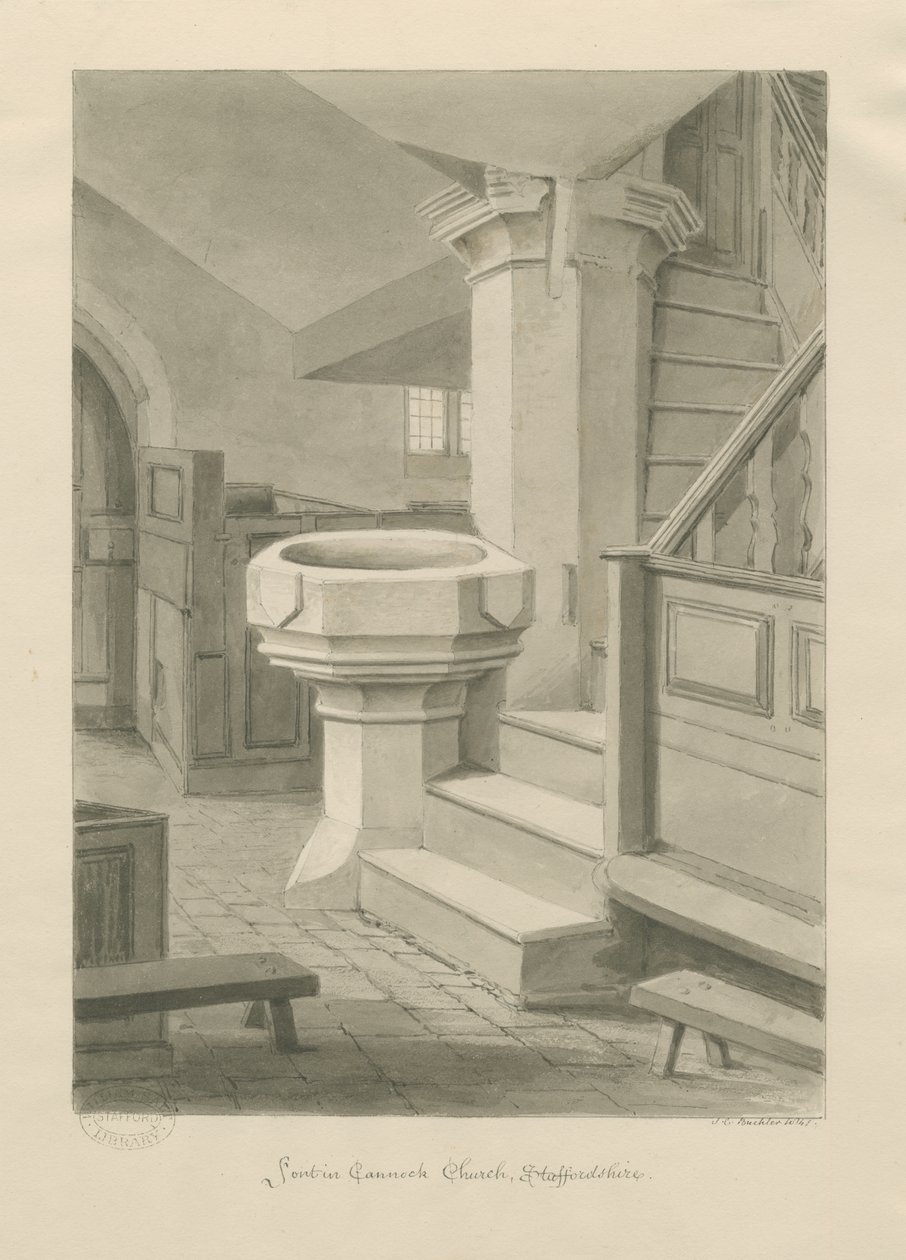 Font i Cannock Church: sepia-tegning, 1841 av John Chessell Buckler