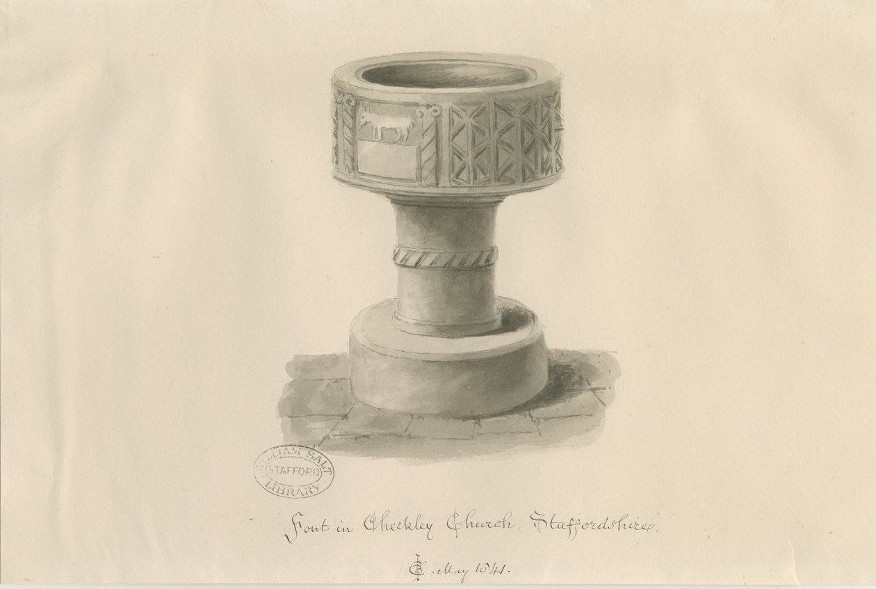 Font i Checkley Church: sepia-tegning, 1841 av John Chessell Buckler