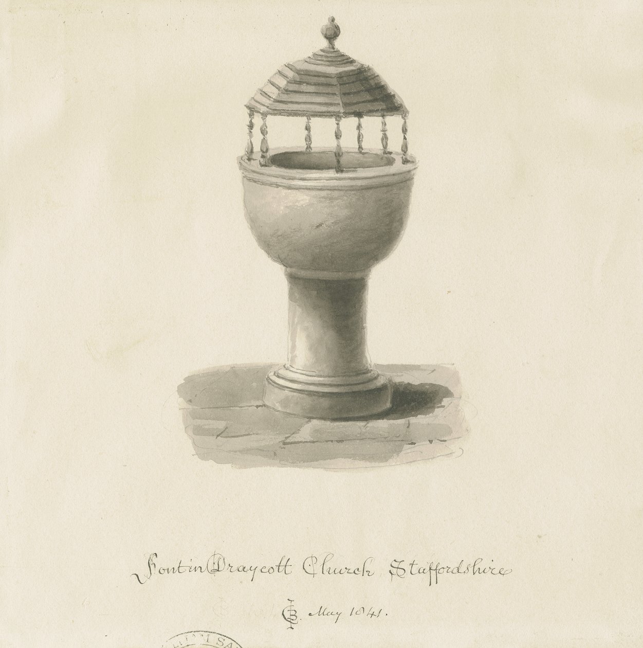 Font i Draycott i Moors Church: sepia-tegning av John Chessell Buckler