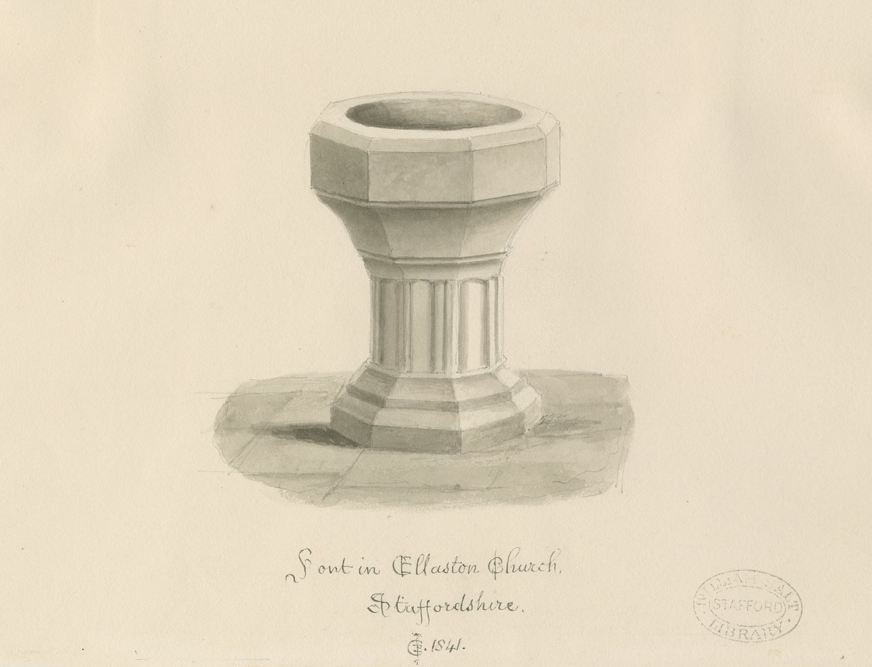 Font i Ellastone Church: sepia-tegning av John Chessell Buckler