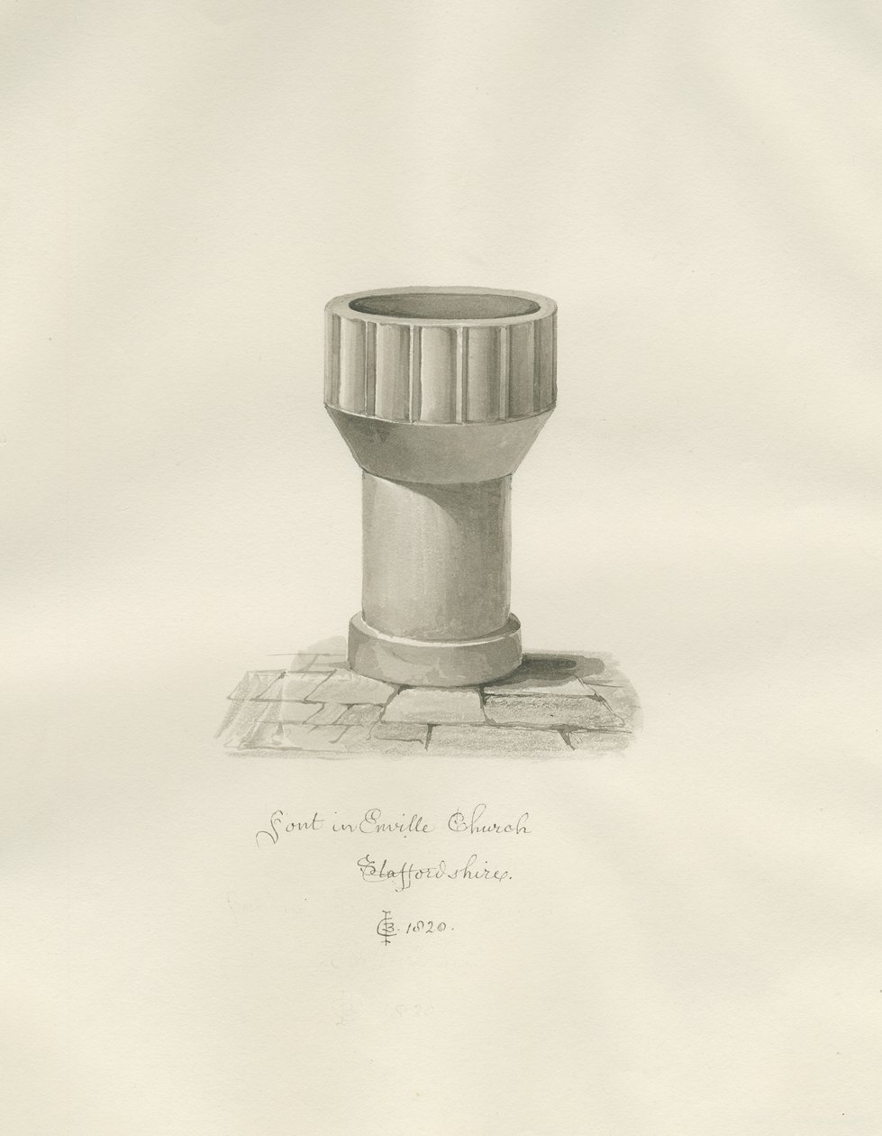 Font i Enville kirke: sepia-tegning av John Chessell Buckler