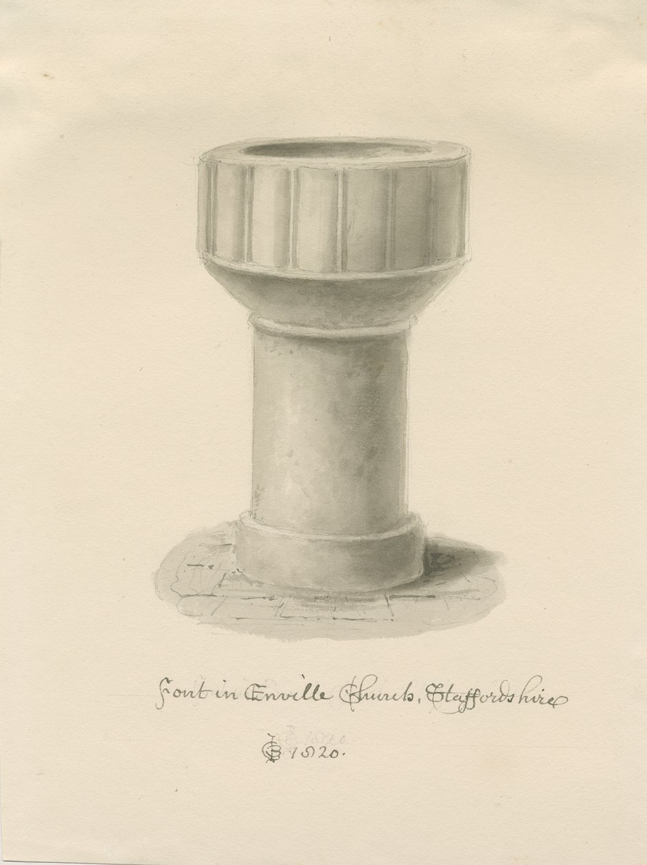 Font i Enville kirke: sepia-tegning, 1820 av John Chessell Buckler
