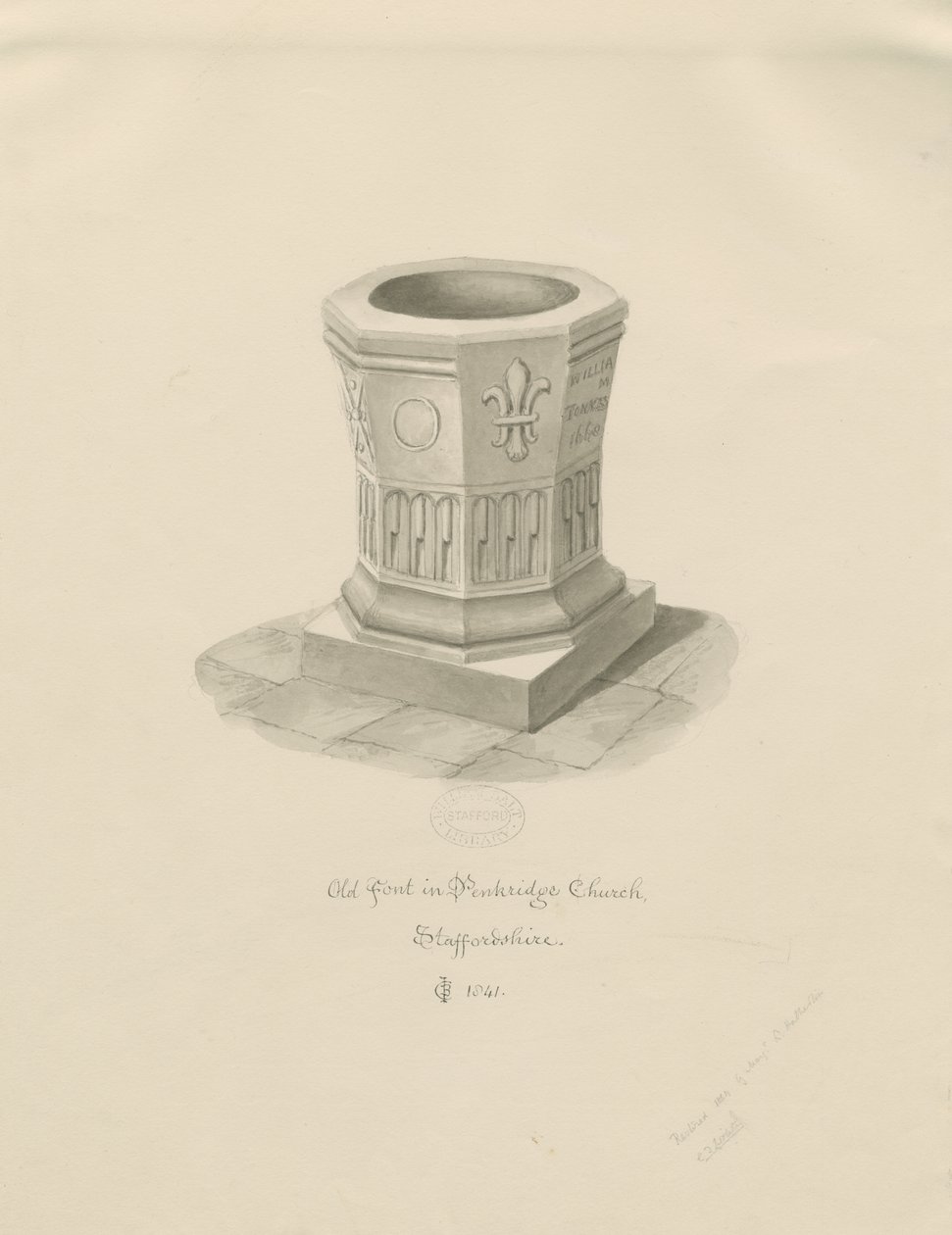 Font i Penkridge Church: sepia-tegning, 1841 av John Chessell Buckler