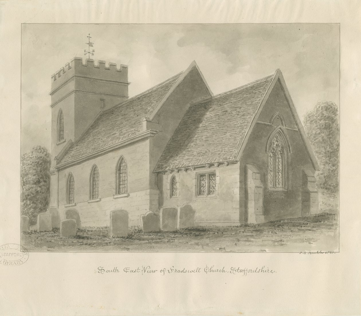 Fradswell Church: sepia-tegning av John Chessell Buckler