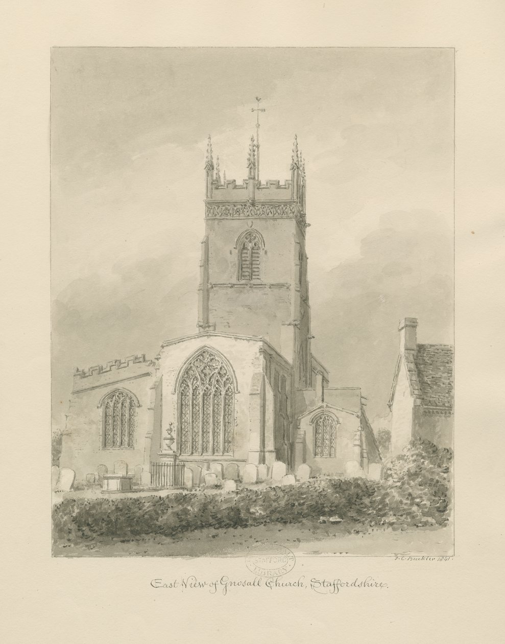 Gnosall kirke: sepia tegning av John Chessell Buckler