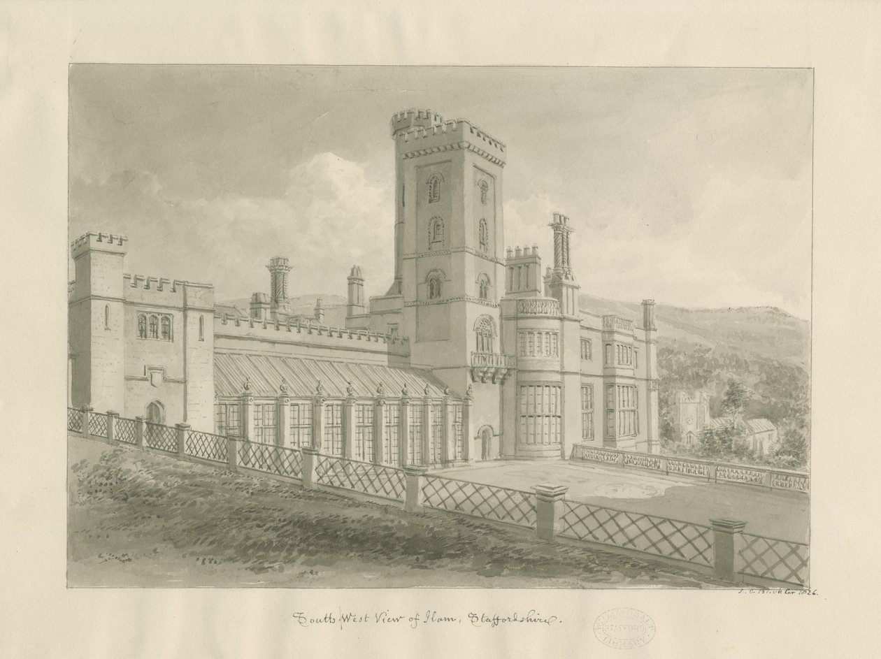 Ilam Hall: sepia-tegning av John Chessell Buckler