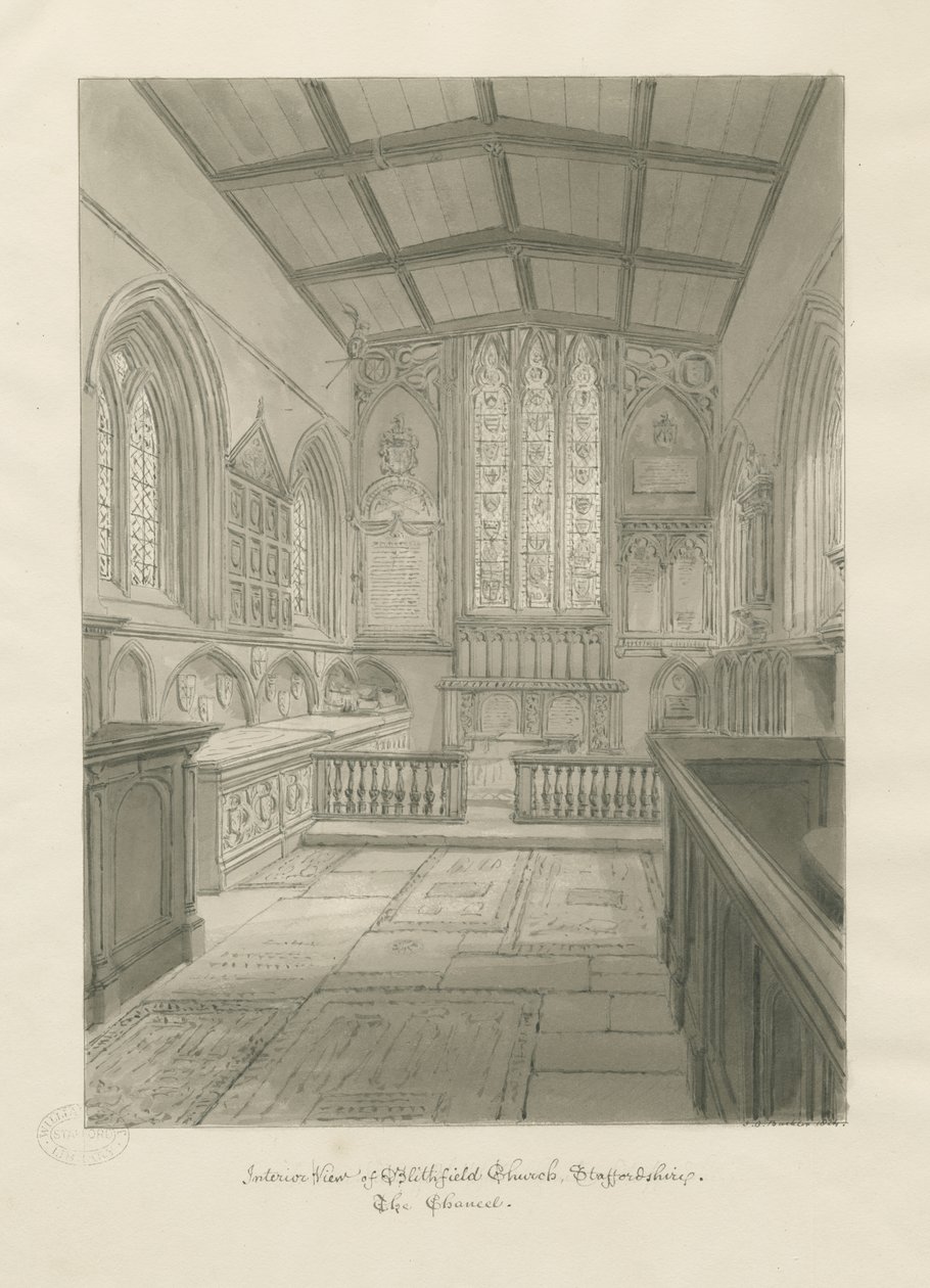 Interiør i Blithfield Church: sepia-tegning av John Chessell Buckler