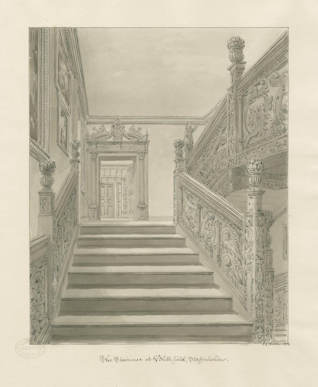 Interiør i Blithfield Hall: sepia-tegning av John Chessell Buckler