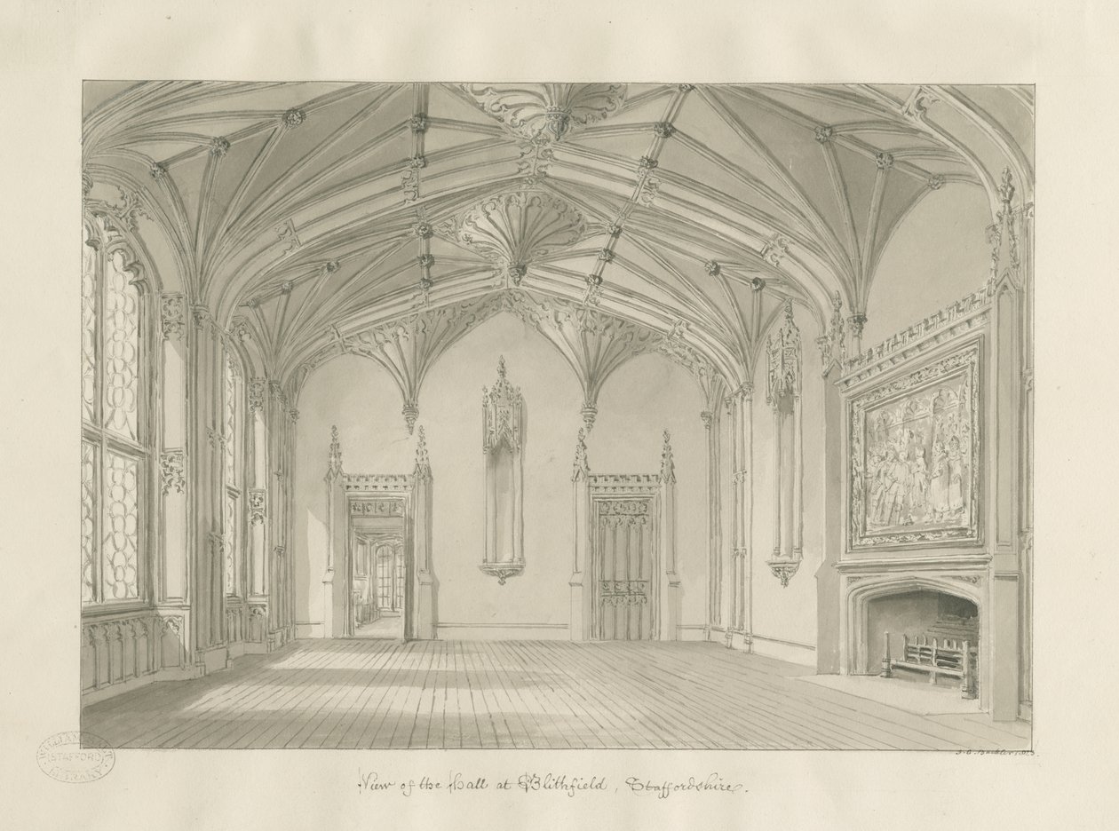 Interiør i Blithfield Hall: sepia-tegning, 1823 av John Chessell Buckler