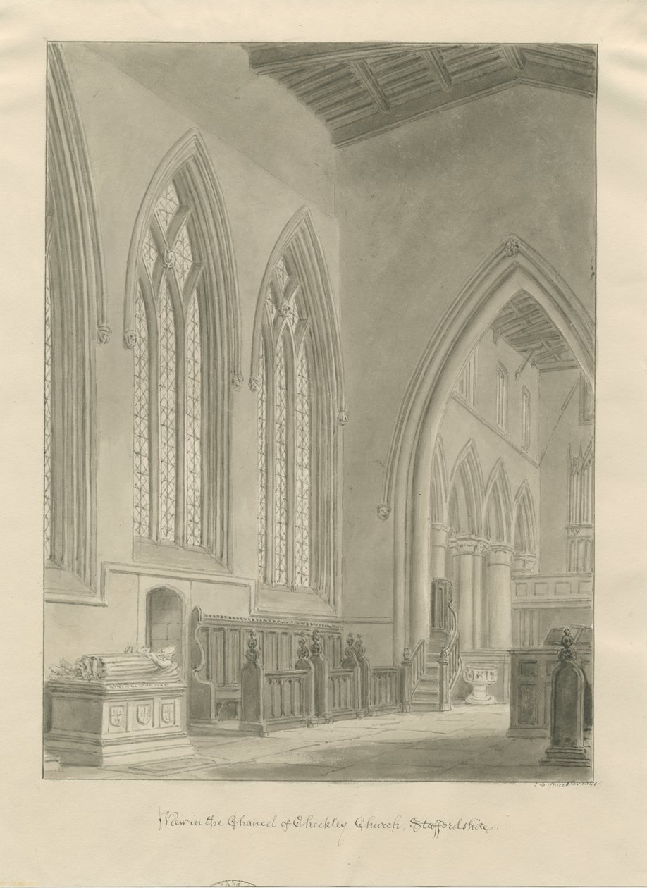 Interiør i Checkley Church: sepia-tegning, 1841 av John Chessell Buckler