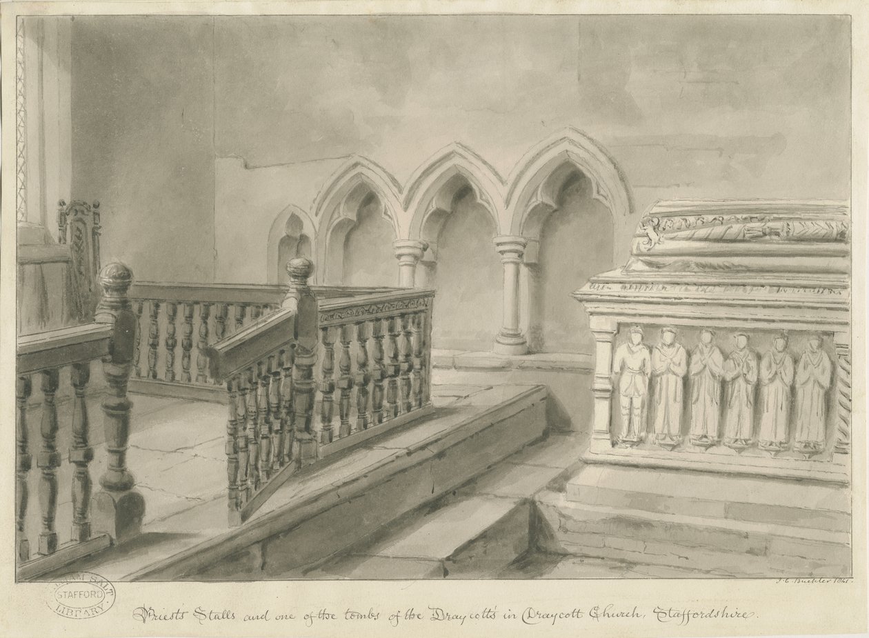 Interiør av Draycott i Moors Church: sepia-tegning, 1841 av John Chessell Buckler