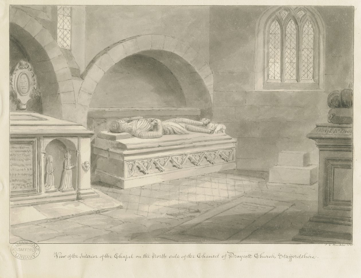 Interiør av Draycott i Moors Church: sepia-tegning, 1841 av John Chessell Buckler