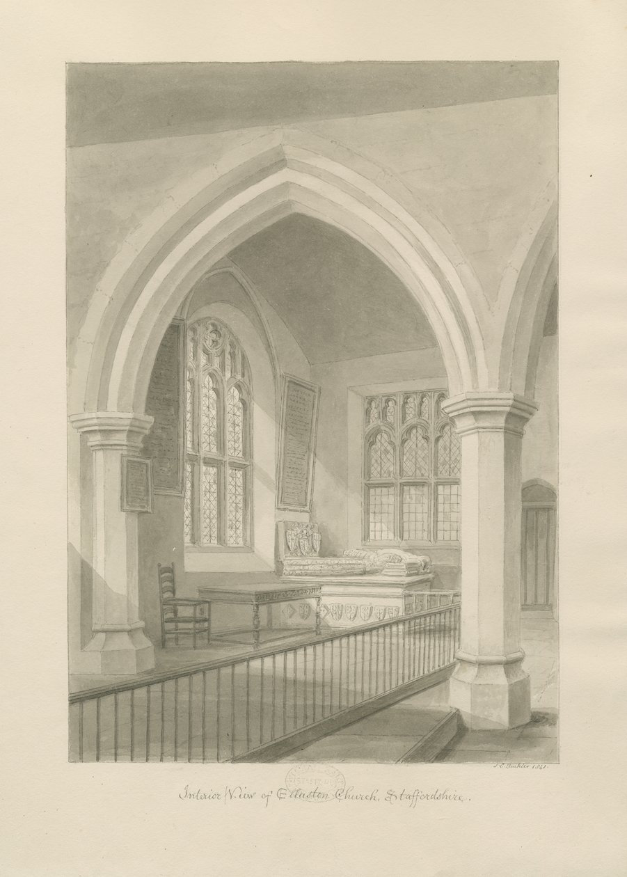 Interiør av Ellastone Church: sepia-tegning, 1841 av John Chessell Buckler