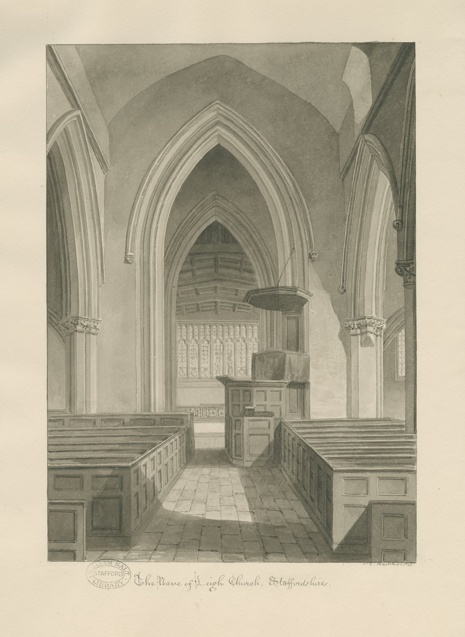 Interiør i Leigh Church: sepia-tegning av John Chessell Buckler