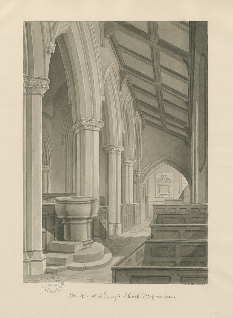 Interiør i Leigh Church: sepia-tegning av John Chessell Buckler