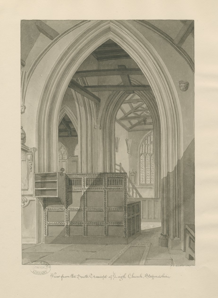 Interiør av Leigh Church: sepia-tegning, 1841 av John Chessell Buckler
