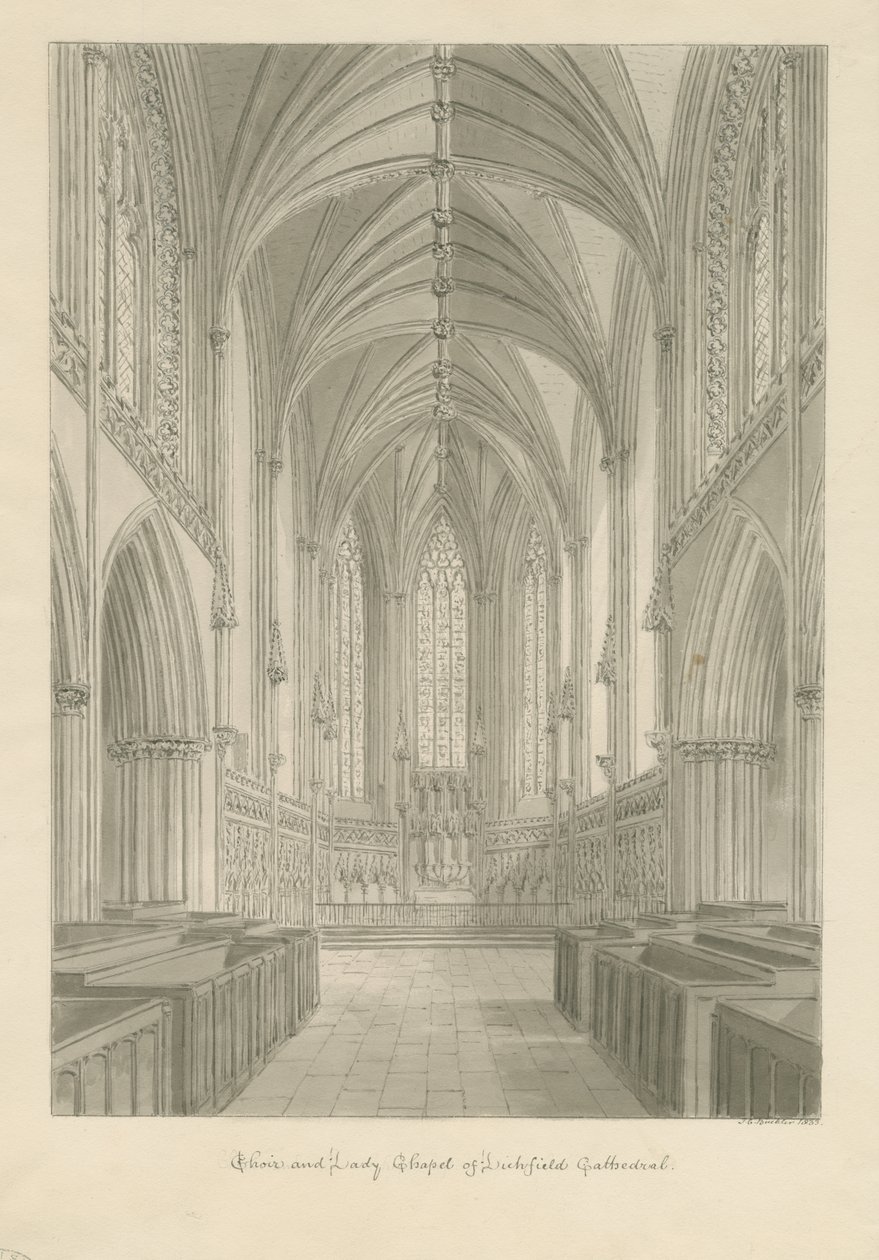 Interiør i Lichfield Cathedral - Choir and Lady Chapel: sepia-tegning av John Chessell Buckler
