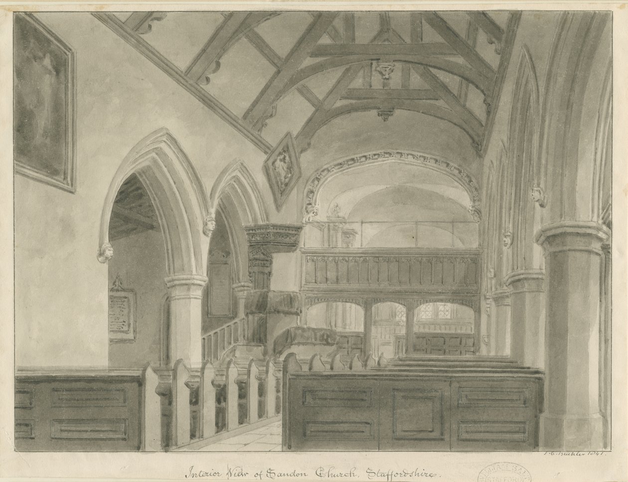 Interiør av Sandon Church: sepia-tegning, 1841 av John Chessell Buckler